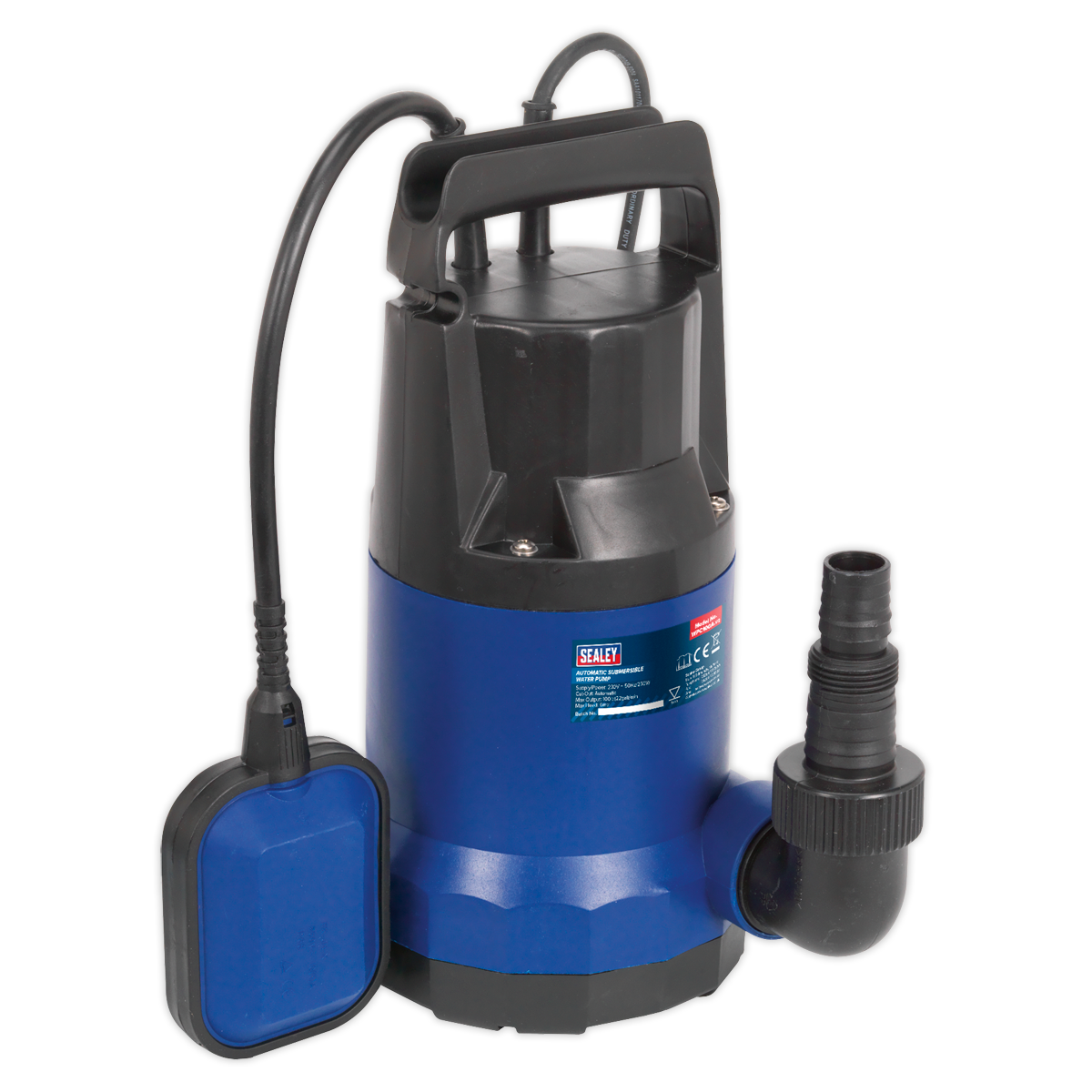 The Sealey Submersible Water Pump Automatic 100L/min 230V - WPC100A features a blue and black design with a handle, power cord, and an attached float switch, along with a stainless steel motor for enhanced durability.