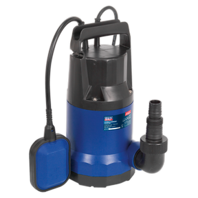 The Sealey Submersible Water Pump Automatic 100L/min 230V - WPC100A features a blue and black design with a handle, power cord, and an attached float switch, along with a stainless steel motor for enhanced durability.