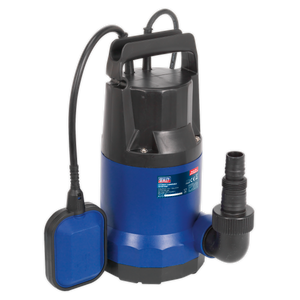 The Sealey Submersible Water Pump Automatic 100L/min 230V - WPC100A features a blue and black design with a handle, power cord, and an attached float switch, along with a stainless steel motor for enhanced durability.