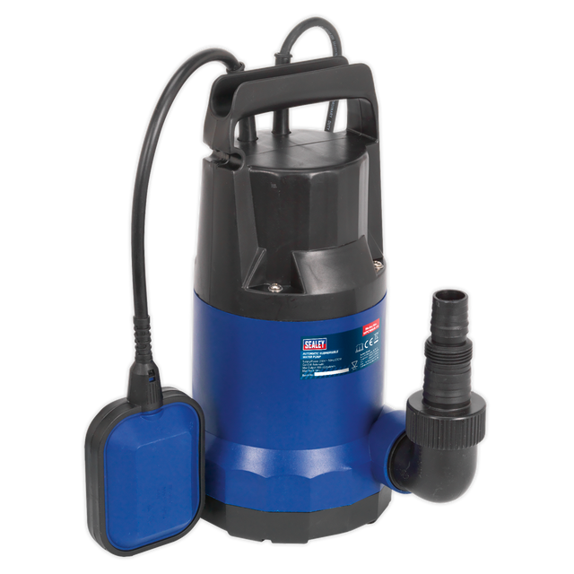 The Sealey Submersible Water Pump Automatic 100L/min 230V - WPC100A features a blue and black design with a handle, power cord, and an attached float switch, along with a stainless steel motor for enhanced durability.