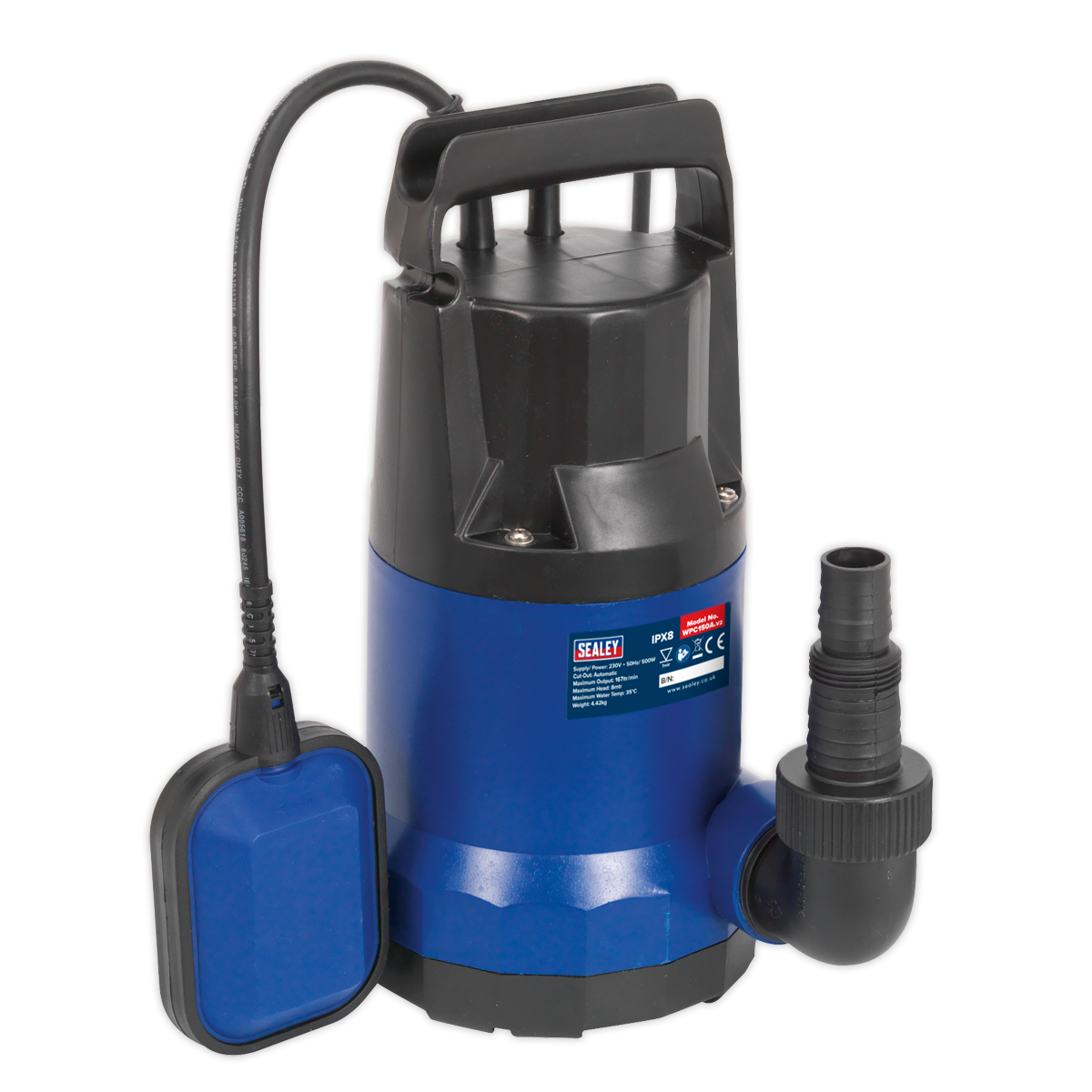 The Sealey Submersible Water Pump Automatic 167L/min 230V - WPC150A is a blue and black pump featuring a float switch, top handle, and corrosion-resistant casing. This model is ideal for efficient drainage in areas such as basements or pools. It also includes an attached hose outlet and an automatic low water cut-out for added convenience.