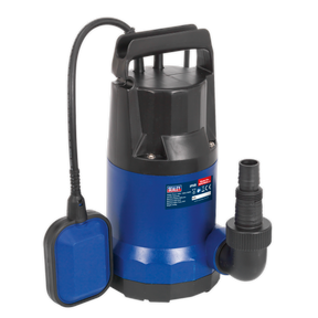 The Sealey Submersible Water Pump Automatic 167L/min 230V - WPC150A is a blue and black pump featuring a float switch, top handle, and corrosion-resistant casing. This model is ideal for efficient drainage in areas such as basements or pools. It also includes an attached hose outlet and an automatic low water cut-out for added convenience.