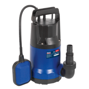 The Sealey Submersible Water Pump Automatic 167L/min 230V - WPC150A is a blue and black pump featuring a float switch, top handle, and corrosion-resistant casing. This model is ideal for efficient drainage in areas such as basements or pools. It also includes an attached hose outlet and an automatic low water cut-out for added convenience.