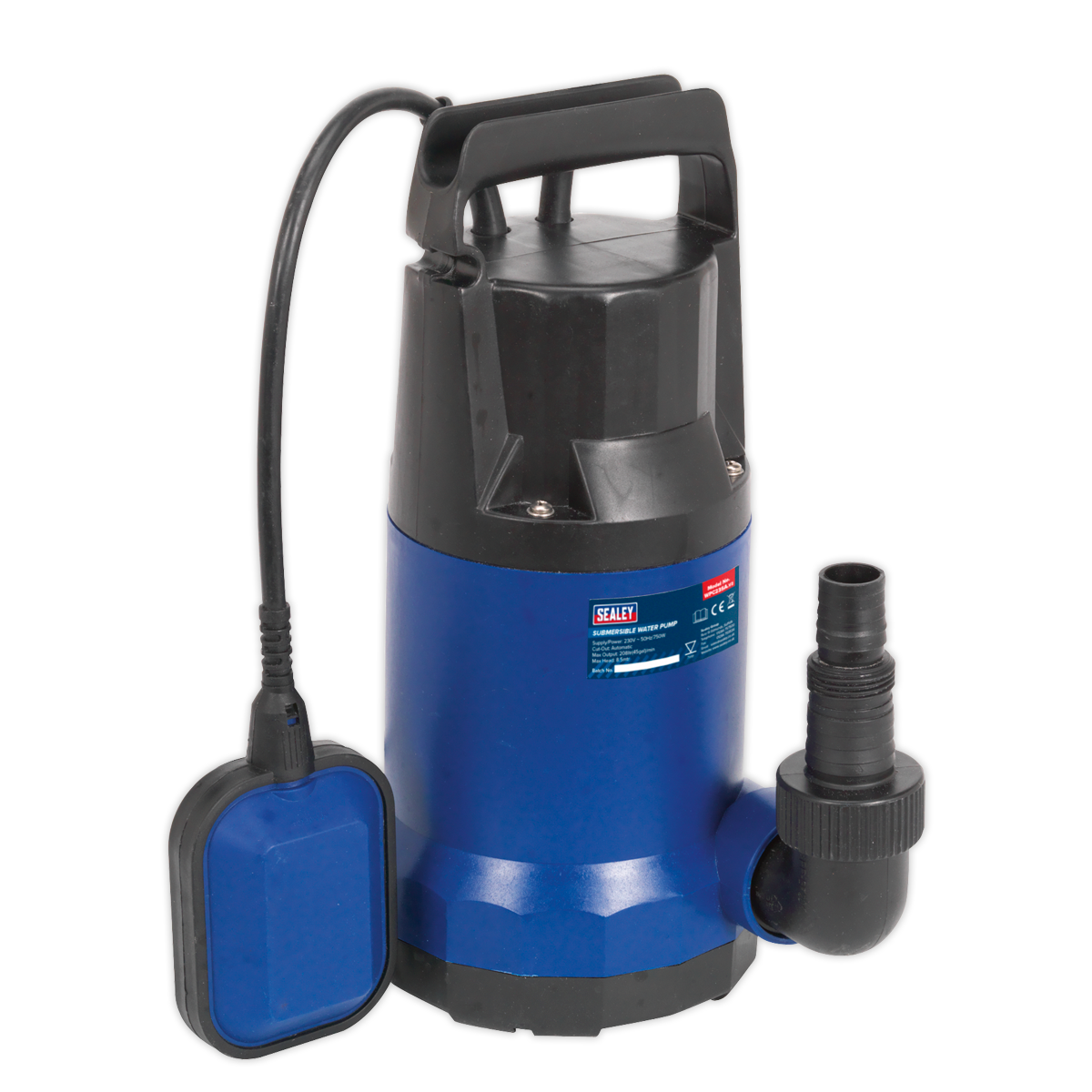 The Sealey Submersible Water Pump Automatic 208L/min 230V - WPC235A, in blue and black, boasts a corrosion-resistant build. It is equipped with a black cable and an attached float switch for efficient drainage or water transfer, ensuring reliable automatic cut-out when necessary.