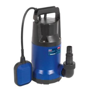 The Sealey Submersible Water Pump Automatic 208L/min 230V - WPC235A, in blue and black, boasts a corrosion-resistant build. It is equipped with a black cable and an attached float switch for efficient drainage or water transfer, ensuring reliable automatic cut-out when necessary.