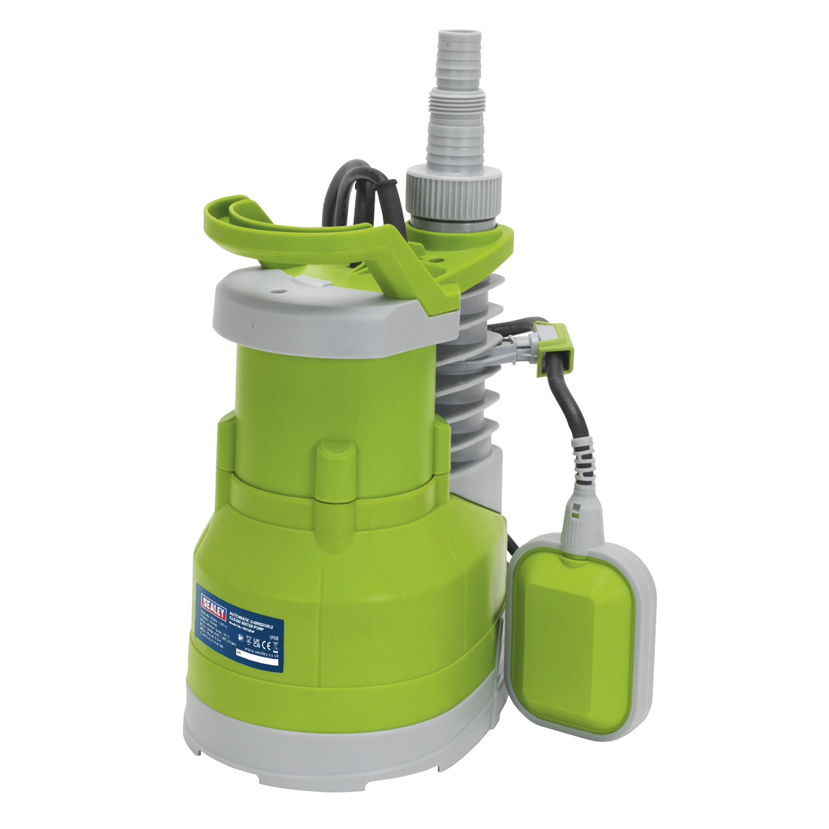 Introducing the Sealey Submersible Clean Water Pump Automatic 217L/min 230V - WPC235P, featuring a power cord, float switch, and a durable corrosion-resistant stainless steel motor case.