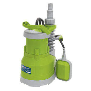 Introducing the Sealey Submersible Clean Water Pump Automatic 217L/min 230V - WPC235P, featuring a power cord, float switch, and a durable corrosion-resistant stainless steel motor case.