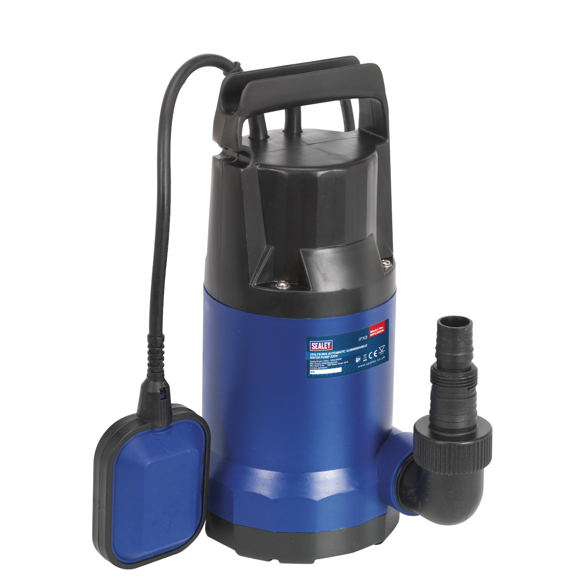 The Sealey Submersible Water Pump Automatic 250L/min 230V - WPC250A is a blue and black unit equipped with a handle, attached power cord, and outlet pipe fitting. It features corrosion-resistant materials and an automatic low water cut-out.