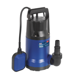 The Sealey Submersible Water Pump Automatic 250L/min 230V - WPC250A is a blue and black unit equipped with a handle, attached power cord, and outlet pipe fitting. It features corrosion-resistant materials and an automatic low water cut-out.