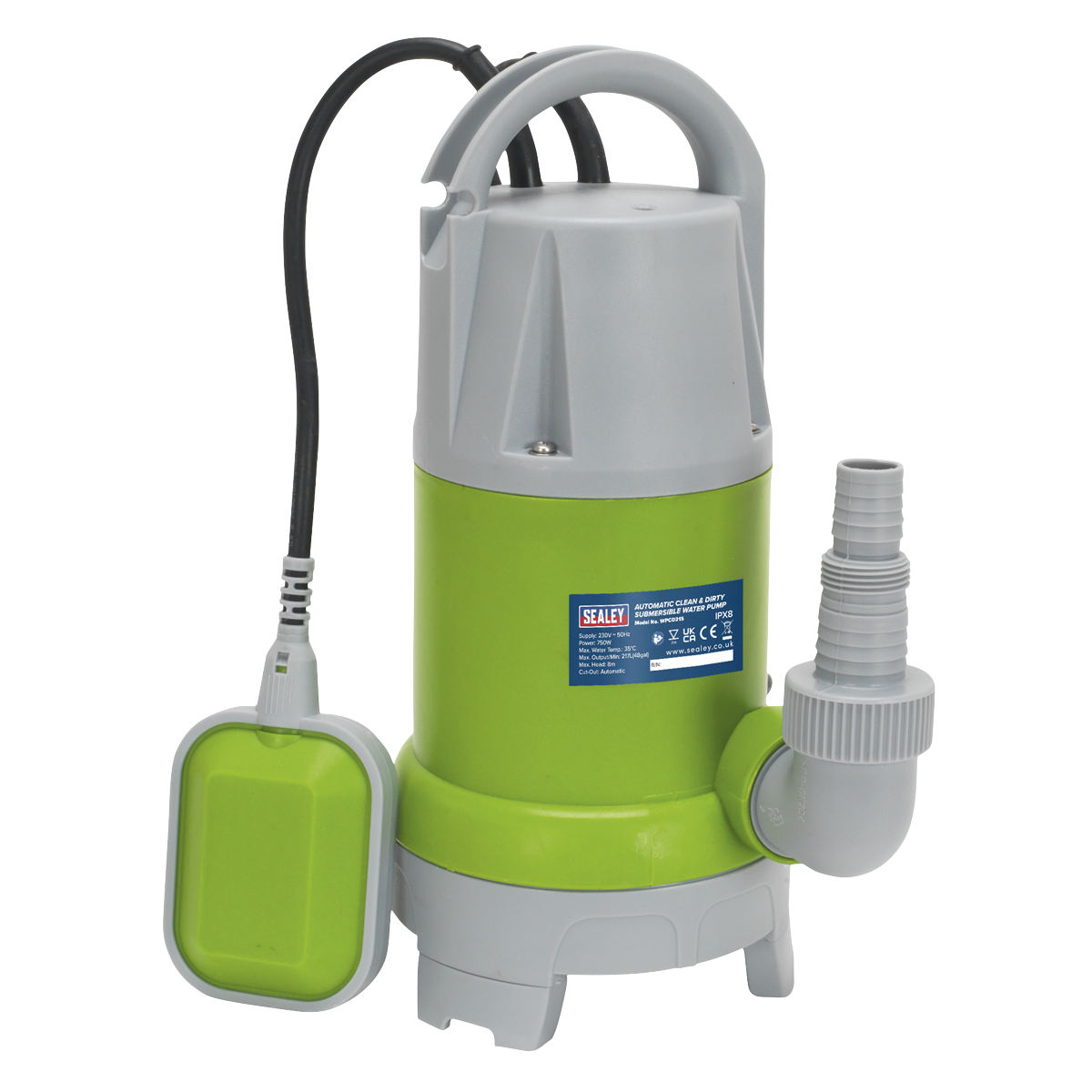 The Sealey Submersible Clean & Dirty Water Pump Automatic 217L/min 230V - WPCD215 is a corrosion-resistant pump, featuring green and gray coloring, a floating switch, foldaway feet, and a labeled blue panel.