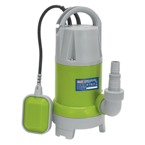 The Sealey Submersible Clean & Dirty Water Pump Automatic 217L/min 230V - WPCD215 is a corrosion-resistant pump, featuring green and gray coloring, a floating switch, foldaway feet, and a labeled blue panel.