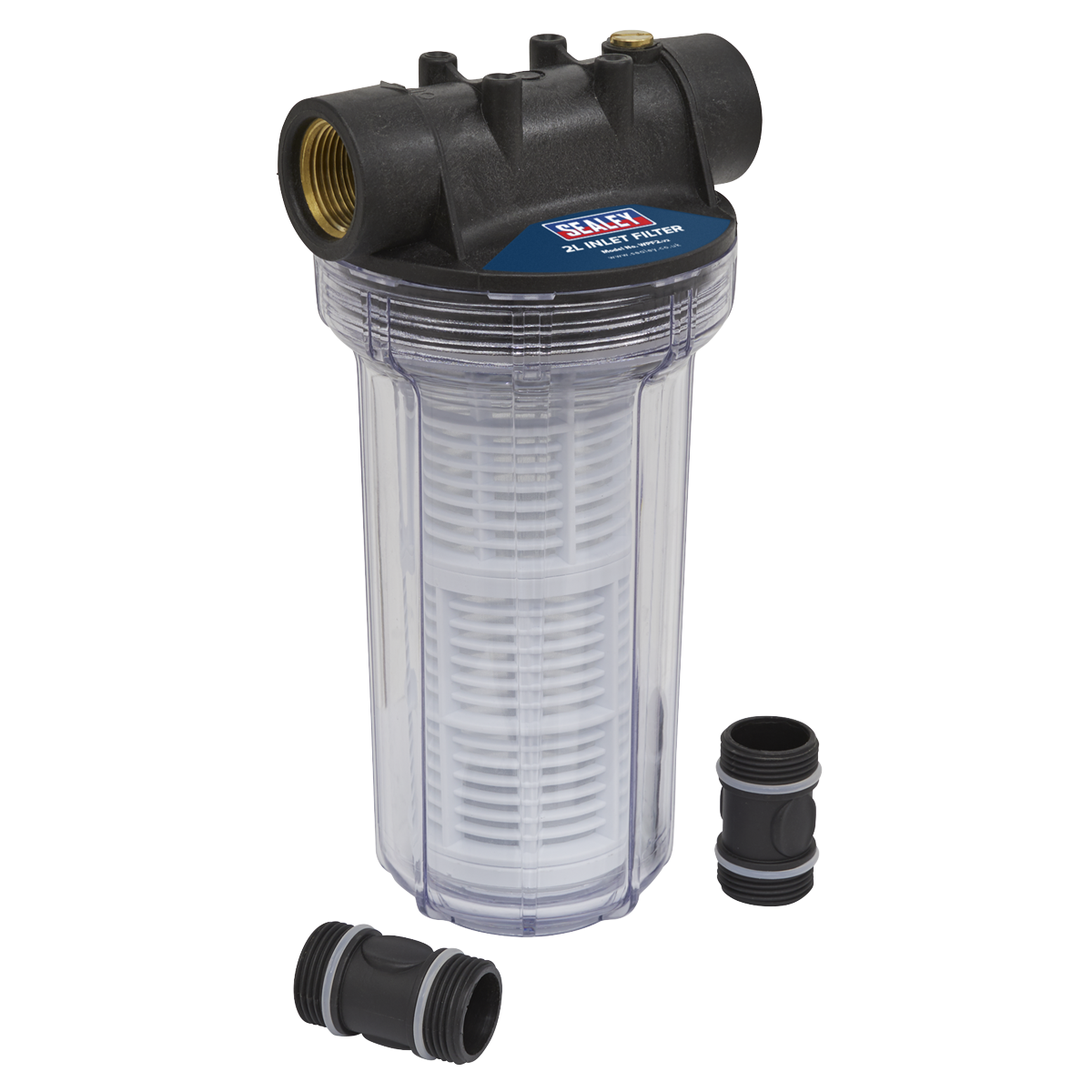 The Sealey Inlet Filter for Surface Mounting Pumps 2L - WPF2, featuring a clear plastic housing and black fittings along with two extra black fittings displayed beside it, guarantees an easy-to-clean filter experience.