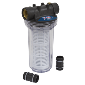 The Sealey Inlet Filter for Surface Mounting Pumps 2L - WPF2, featuring a clear plastic housing and black fittings along with two extra black fittings displayed beside it, guarantees an easy-to-clean filter experience.