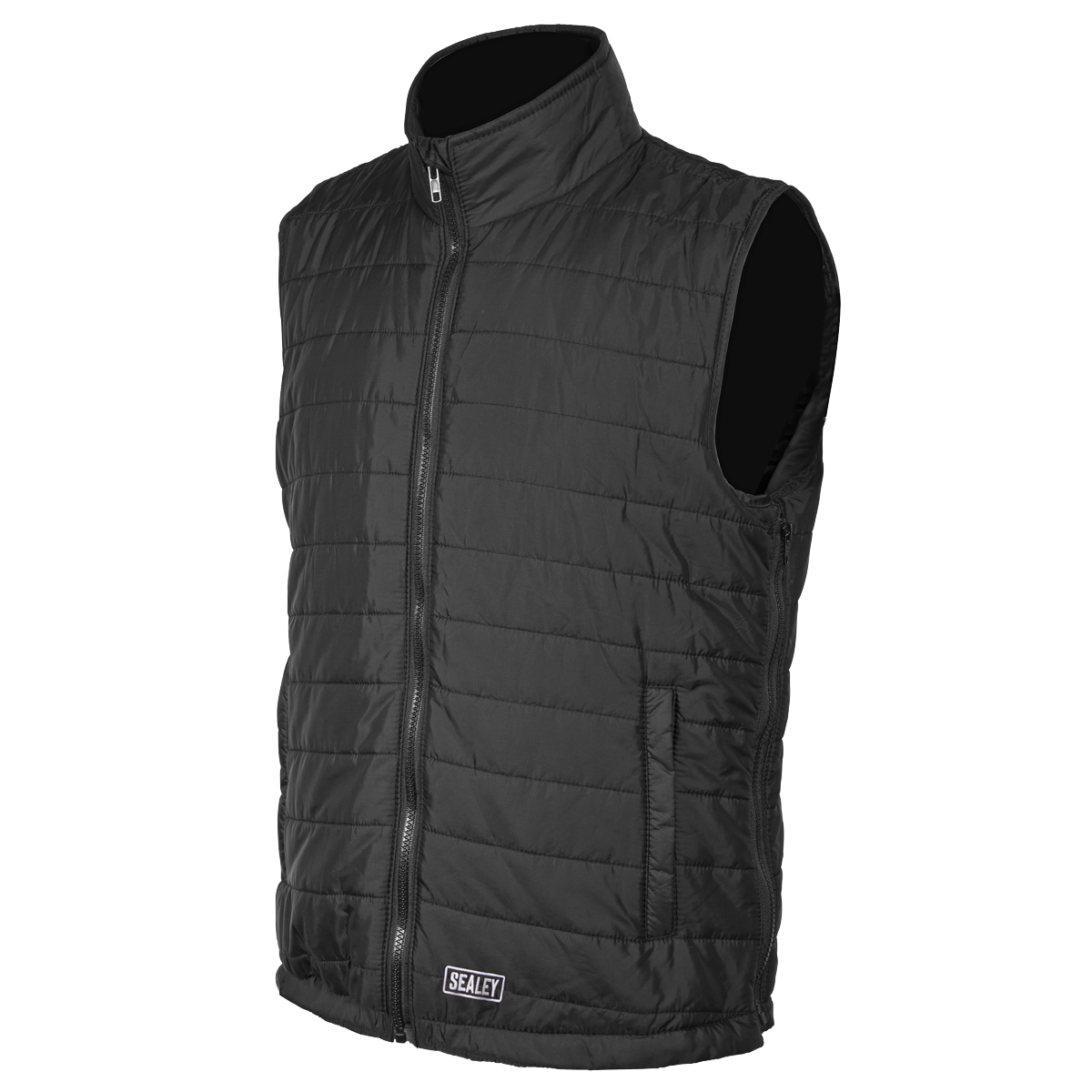 A black, quilted Heated Puffy Gilet from Sealey, fitting chest sizes 44" to 52", featuring a front zipper, high collar, and two side pockets. This water-resistant gilet includes the Sealey logo on the bottom front along with adjustable chest and waist settings for a customizable fit. Model: WPHG01.