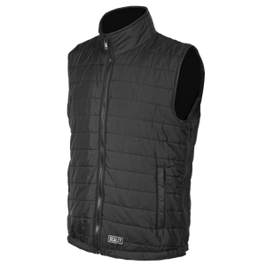 A black, quilted Heated Puffy Gilet from Sealey, fitting chest sizes 44" to 52", featuring a front zipper, high collar, and two side pockets. This water-resistant gilet includes the Sealey logo on the bottom front along with adjustable chest and waist settings for a customizable fit. Model: WPHG01.