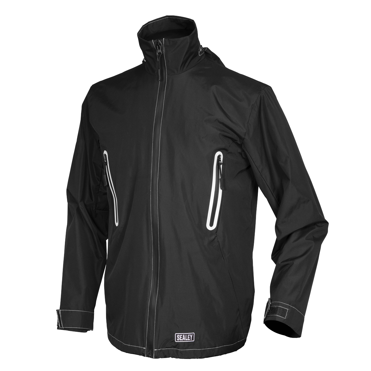 The Heated Rain Jacket 5V - Small - WPHJ01 by Sealey is a black, water-resistant jacket with a high collar, zippered front, and zippered chest pockets. Enhanced with carbon fibre heating elements and three heat modes for optimal warmth, the jacket also features adjustable cuffs and proudly displays the "Sealey" brand label at the bottom.