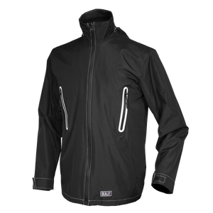 The Heated Rain Jacket 5V - Small - WPHJ01 by Sealey is a black, water-resistant jacket with a high collar, zippered front, and zippered chest pockets. Enhanced with carbon fibre heating elements and three heat modes for optimal warmth, the jacket also features adjustable cuffs and proudly displays the "Sealey" brand label at the bottom.