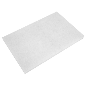 A rectangular sponge from Sealey, part of the White Polishing Pads (WPP1218) pack of 5, measuring 12 x 18 x 1 inches and resembling traditional white polishing pads used for wood floors, is carefully placed on a matching white background.