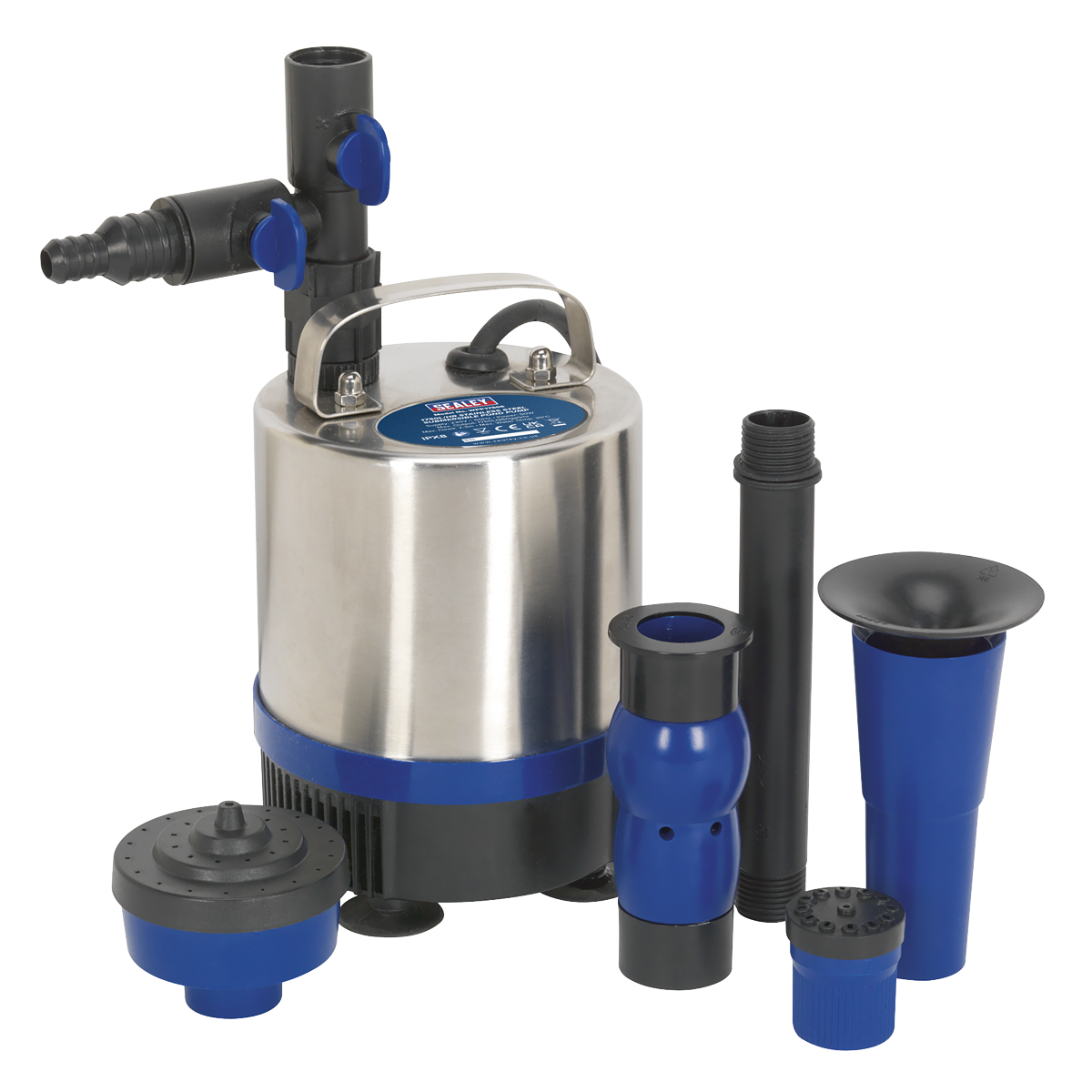 The Sealey Submersible Pond Pump Stainless Steel 1750L/hr 230V - WPP1750S, featuring a variety of blue and black nozzles and fittings, is ideal for filtration and water circulation in garden water features.