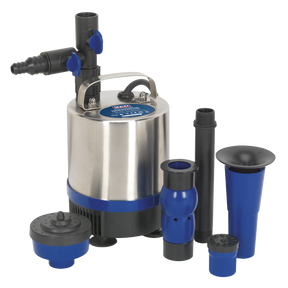 The Sealey Submersible Pond Pump Stainless Steel 1750L/hr 230V - WPP1750S, featuring a variety of blue and black nozzles and fittings, is ideal for filtration and water circulation in garden water features.