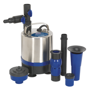 The Sealey Submersible Pond Pump Stainless Steel 1750L/hr 230V - WPP1750S, featuring a variety of blue and black nozzles and fittings, is ideal for filtration and water circulation in garden water features.