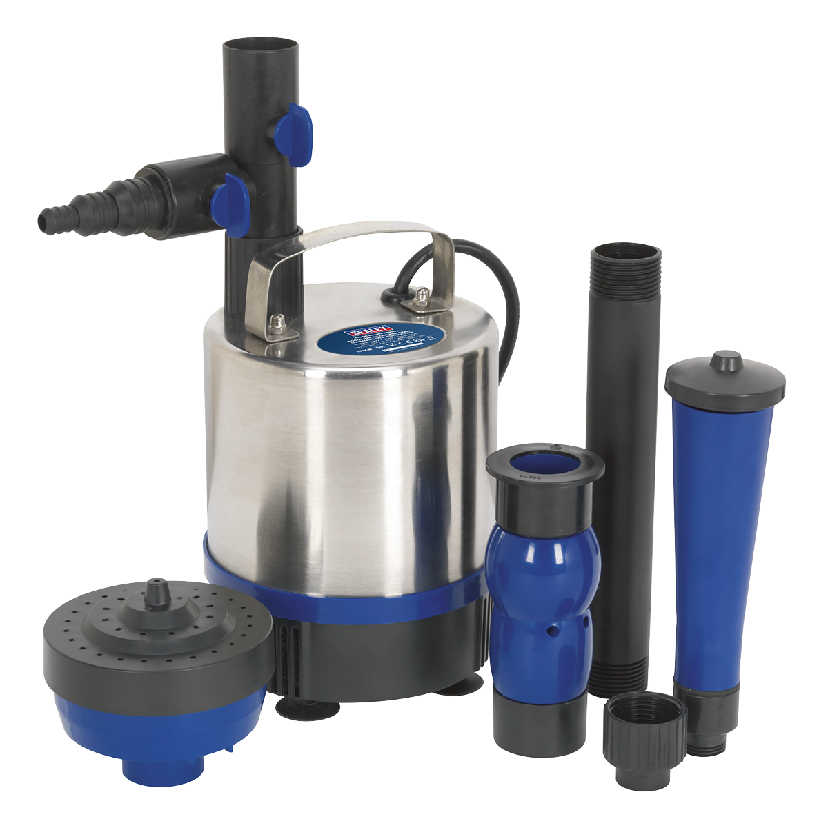 The Sealey Submersible Pond Pump Stainless Steel 3000L/hr 230V - WPP3000S, featuring an attached handle, is perfect for garden water features. It comes with various black and blue plastic accessories, including nozzles and adapters, to ensure efficient water circulation.