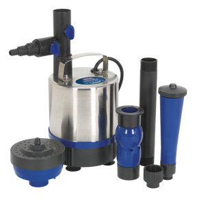The Sealey Submersible Pond Pump Stainless Steel 3000L/hr 230V - WPP3000S, featuring an attached handle, is perfect for garden water features. It comes with various black and blue plastic accessories, including nozzles and adapters, to ensure efficient water circulation.
