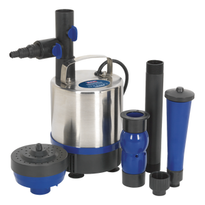 The Sealey Submersible Pond Pump Stainless Steel 3000L/hr 230V - WPP3000S, featuring an attached handle, is perfect for garden water features. It comes with various black and blue plastic accessories, including nozzles and adapters, to ensure efficient water circulation.