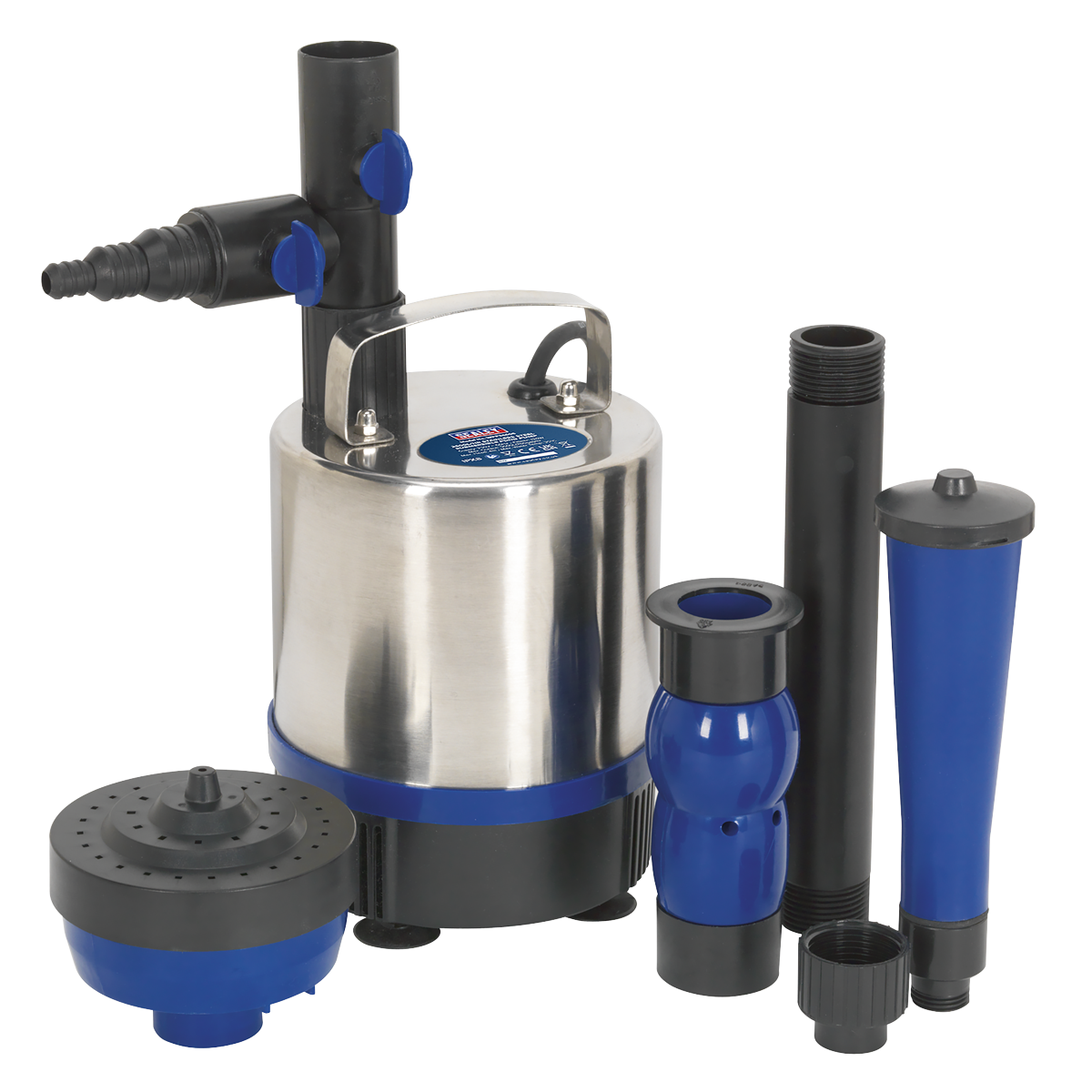 The Sealey Submersible Pond Pump Stainless Steel 3600L/hr 230V - WPP3600S, featuring a combination of black and blue attachments around its stainless steel body, is ideal for garden water features and ensures efficient filtration and water circulation.