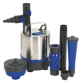The Sealey Submersible Pond Pump Stainless Steel 3600L/hr 230V - WPP3600S, featuring a combination of black and blue attachments around its stainless steel body, is ideal for garden water features and ensures efficient filtration and water circulation.