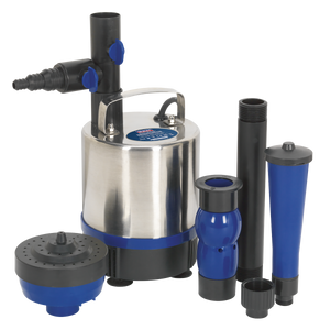 The Sealey Submersible Pond Pump Stainless Steel 3600L/hr 230V - WPP3600S, featuring a combination of black and blue attachments around its stainless steel body, is ideal for garden water features and ensures efficient filtration and water circulation.