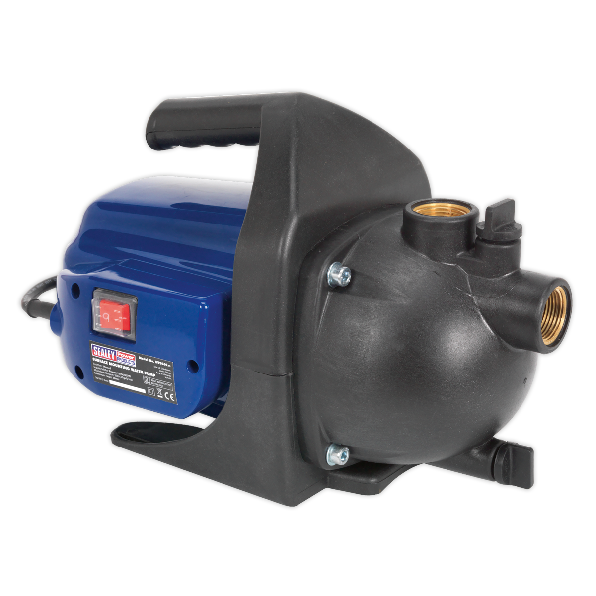 Sealey's Surface Mounting Water Pump 50L/min 230V - WPS060, in blue and black, comes equipped with a handle, an electrical switch, and threaded inlet and outlet ports. It features a heavy-duty induction motor for enhanced performance.