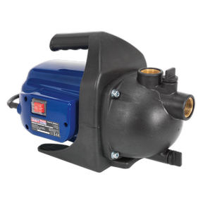 Sealey's Surface Mounting Water Pump 50L/min 230V - WPS060, in blue and black, comes equipped with a handle, an electrical switch, and threaded inlet and outlet ports. It features a heavy-duty induction motor for enhanced performance.