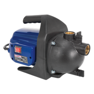 Sealey's Surface Mounting Water Pump 50L/min 230V - WPS060, in blue and black, comes equipped with a handle, an electrical switch, and threaded inlet and outlet ports. It features a heavy-duty induction motor for enhanced performance.