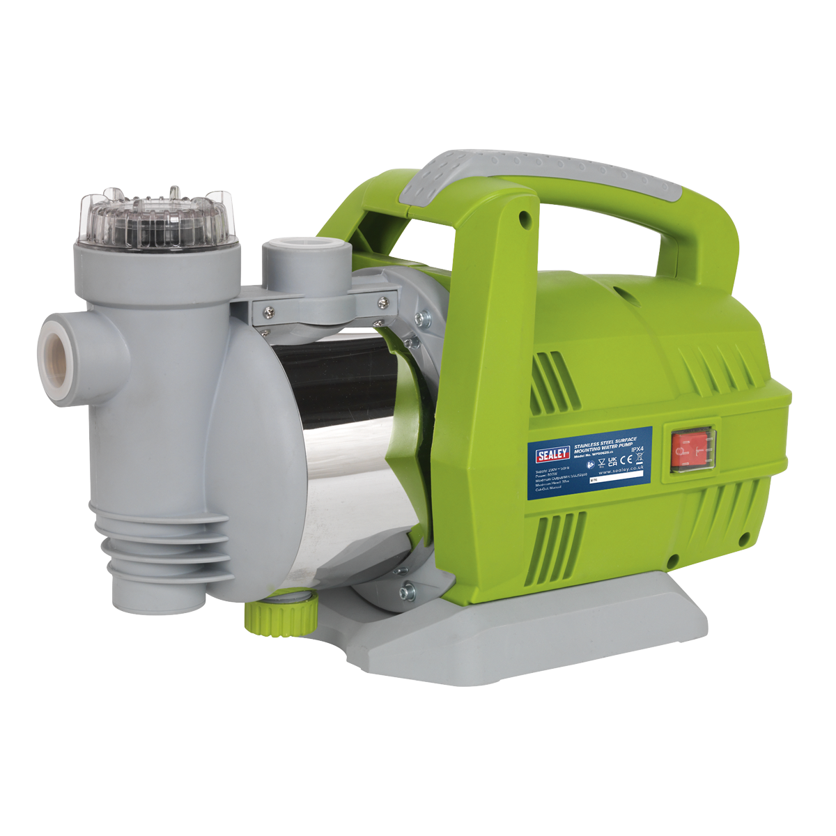 Introducing the Sealey Surface Mounting Water Pump (Model WPS062S), a robust 230V pump featuring heavy-duty stainless steel construction, a clear filter top, an ergonomic handle, and an on/off switch. This efficient green and silver pump delivers a flow rate of 55L/min.