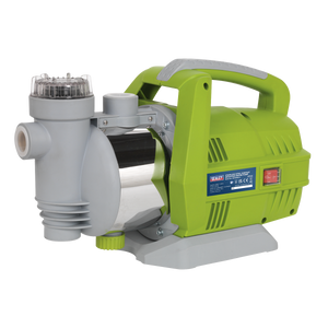 Introducing the Sealey Surface Mounting Water Pump (Model WPS062S), a robust 230V pump featuring heavy-duty stainless steel construction, a clear filter top, an ergonomic handle, and an on/off switch. This efficient green and silver pump delivers a flow rate of 55L/min.