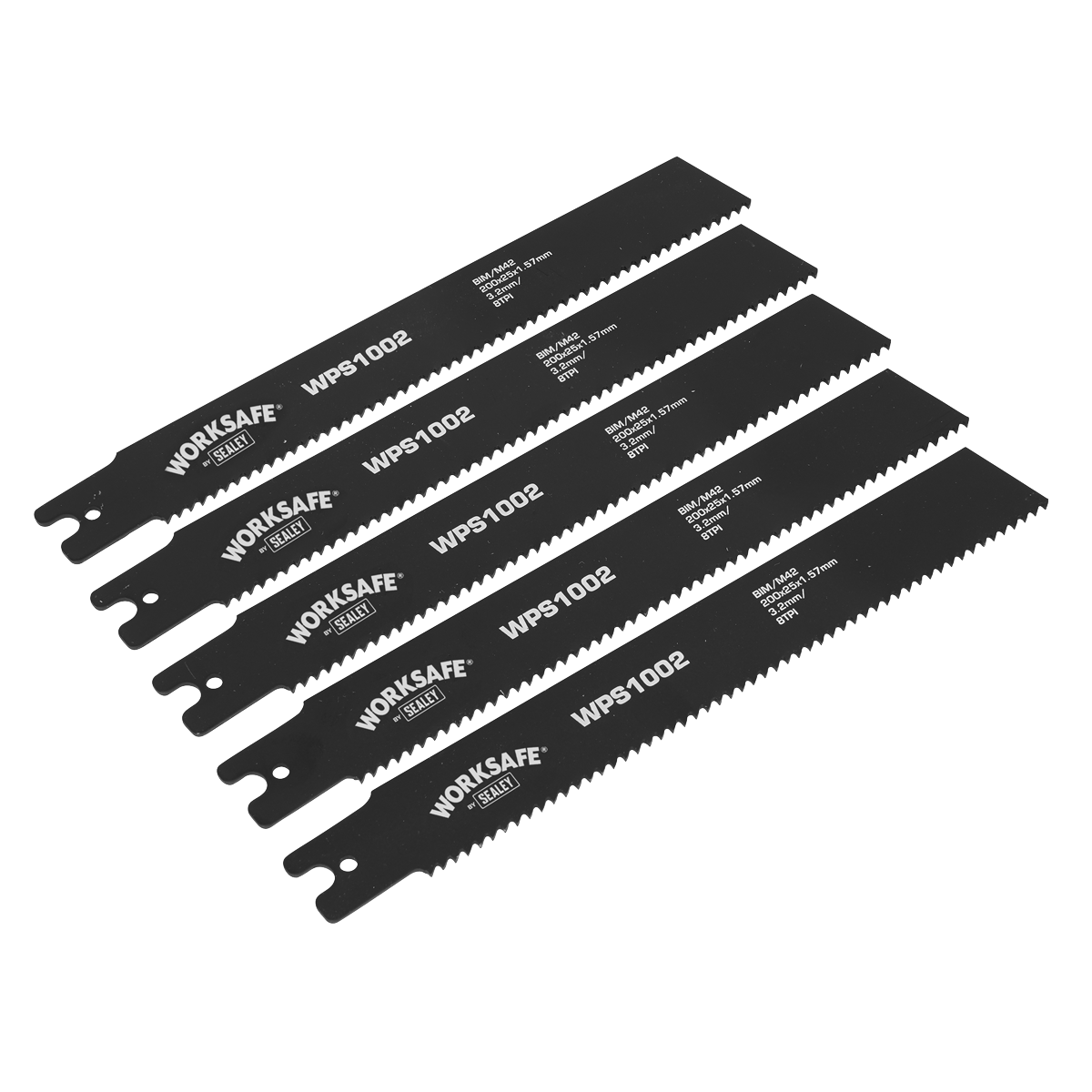 Five black Sealey Pipe Saw Blades, model "WPS1002", are arranged in a layered, overlapping formation; each 200mm long blade is perfect for pipe cutting.