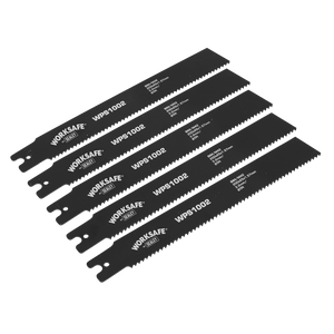 Five black Sealey Pipe Saw Blades, model "WPS1002", are arranged in a layered, overlapping formation; each 200mm long blade is perfect for pipe cutting.