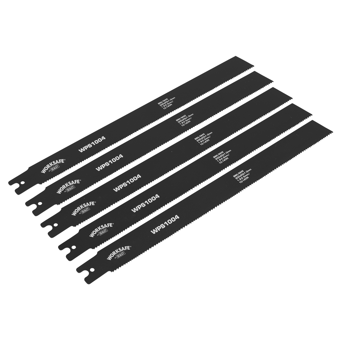 Five black reciprocating saw blades, branded "Sealey" and identified as "Pipe Saw Blade 300 x 25 x 1mm 10-14tpi - Pack of 5 - WPS1004," each featuring a 300mm cutting length, are arranged in a fanned-out pattern on a white background. These blades are compatible with Sealey tools, making them ideal for various cutting tasks.