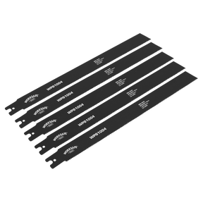 Five black reciprocating saw blades, branded "Sealey" and identified as "Pipe Saw Blade 300 x 25 x 1mm 10-14tpi - Pack of 5 - WPS1004," each featuring a 300mm cutting length, are arranged in a fanned-out pattern on a white background. These blades are compatible with Sealey tools, making them ideal for various cutting tasks.