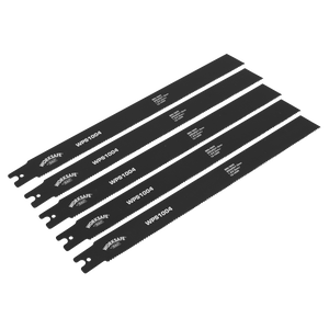 Five black reciprocating saw blades, branded "Sealey" and identified as "Pipe Saw Blade 300 x 25 x 1mm 10-14tpi - Pack of 5 - WPS1004," each featuring a 300mm cutting length, are arranged in a fanned-out pattern on a white background. These blades are compatible with Sealey tools, making them ideal for various cutting tasks.