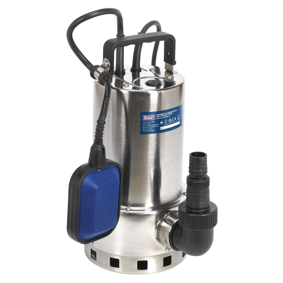 A high-performance Sealey Submersible Stainless Water Pump Automatic Dirty Water 225L/min 230V - WPS225A, featuring corrosion-resistant stainless steel construction, a blue float switch for effective drainage, and a black hose attachment.