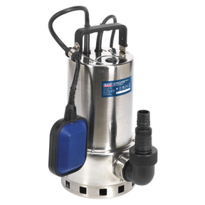 A high-performance Sealey Submersible Stainless Water Pump Automatic Dirty Water 225L/min 230V - WPS225A, featuring corrosion-resistant stainless steel construction, a blue float switch for effective drainage, and a black hose attachment.