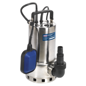 A high-performance Sealey Submersible Stainless Water Pump Automatic Dirty Water 225L/min 230V - WPS225A, featuring corrosion-resistant stainless steel construction, a blue float switch for effective drainage, and a black hose attachment.