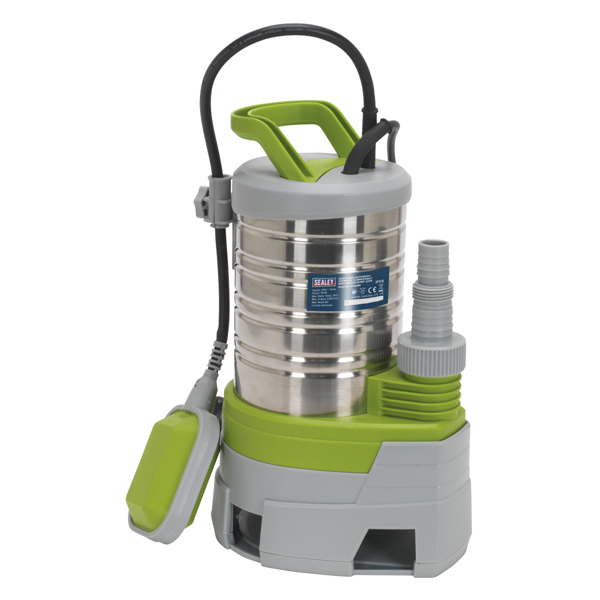 Image of the Sealey Submersible Stainless Water Pump Automatic Dirty Water 225L/min 230V - WPS225P, featuring a gray and green design with a handle, cord, float switch, and corrosion-resistant stainless steel components ideal for drainage.