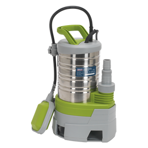 Image of the Sealey Submersible Stainless Water Pump Automatic Dirty Water 225L/min 230V - WPS225P, featuring a gray and green design with a handle, cord, float switch, and corrosion-resistant stainless steel components ideal for drainage.