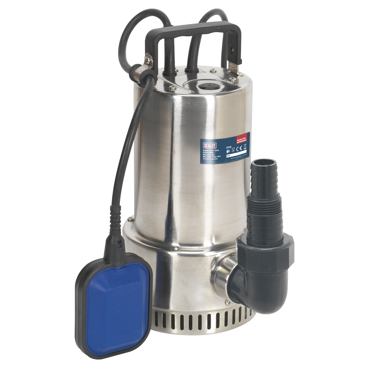 The Sealey Submersible Stainless Water Pump Automatic 250L/min 230V - WPS250A is a corrosion-resistant stainless steel submersible pump featuring a black handle, cord, and a blue plastic float switch. It includes an automatic cut-out mechanism and has a black outlet pipe attached to the front, making it ideal for drainage of cellars.