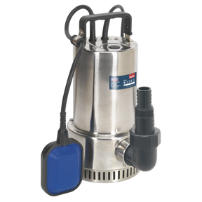 The Sealey Submersible Stainless Water Pump Automatic 250L/min 230V - WPS250A is a corrosion-resistant stainless steel submersible pump featuring a black handle, cord, and a blue plastic float switch. It includes an automatic cut-out mechanism and has a black outlet pipe attached to the front, making it ideal for drainage of cellars.