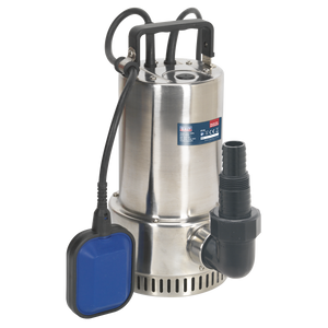 The Sealey Submersible Stainless Water Pump Automatic 250L/min 230V - WPS250A is a corrosion-resistant stainless steel submersible pump featuring a black handle, cord, and a blue plastic float switch. It includes an automatic cut-out mechanism and has a black outlet pipe attached to the front, making it ideal for drainage of cellars.