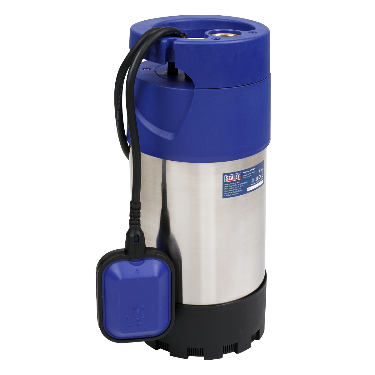 Image of a Sealey Submersible Stainless Water Pump Automatic 92L/min 40m Head 230V - WPS92A, blue and silver in color, with a black power cord and float switch. It's designed for efficiently removing clean water and features corrosion-resistant stainless steel components.